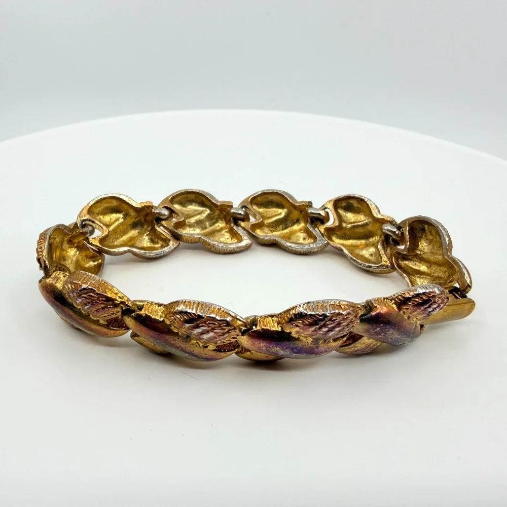 Vintage‎ Crown Trifari Gold Tone Brushed Leaf Link Bracelet Textured Mid Century